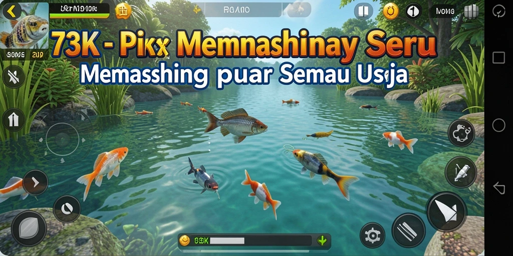 Screenshot gameplay menunjukkan aksi memancing yang menyenangkan di 73K.