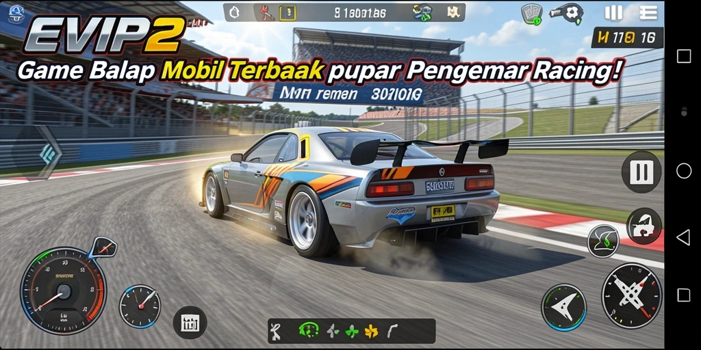 Tampilan gameplay seru di EVIP2 dengan mobil balap yang kilat.