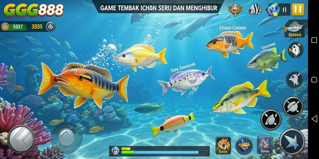 Gameplay seru GGG888 dengan berbagai jenis ikan untuk ditembak.