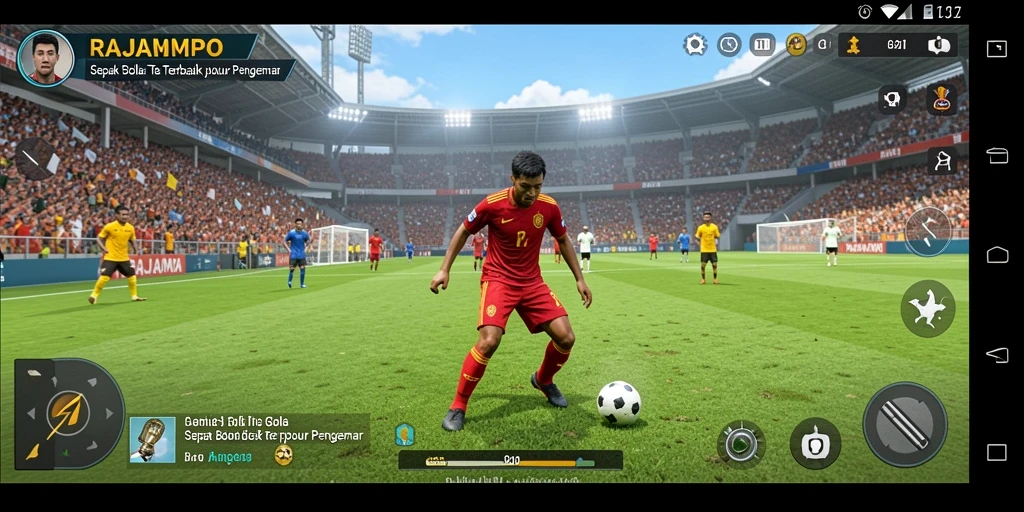 Tampilan gameplay seru dalam RAJAMPO yang menghadirkan aksi sepak bola.